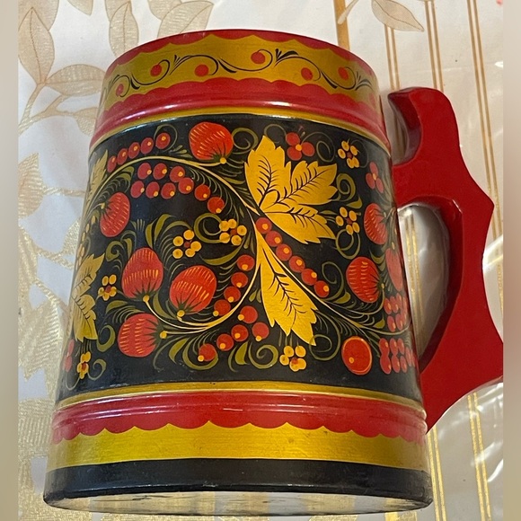 USSR Other - VTG Khokhloma BEER mug traditional Russian handicraft Carved Wood Soviet USSR